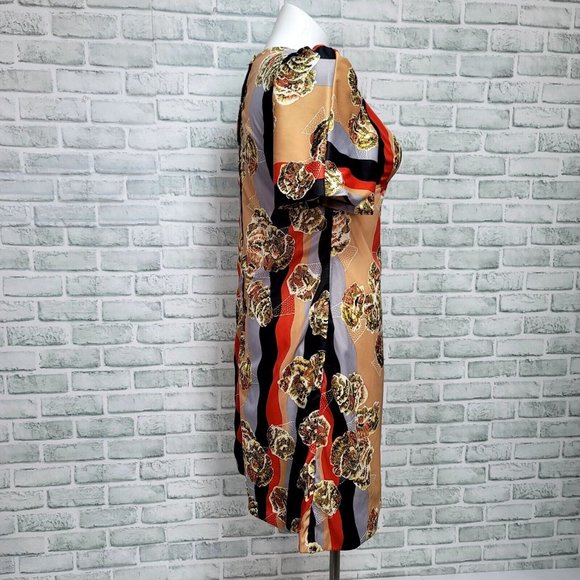 Vintage 50s 60s Dorings XL Abstract Satin Short Sleeve Midi Dress Pinup - Picture 10 of 12